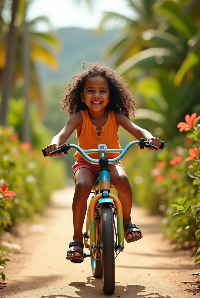 (highres,best quality,realistic),(portrait,child,bicycle:1.2),detailed curly hair,dark brown curly hair,captivating brown eyes,contented expression,sunlight streaming through the trees,green grass and colorful flowers in the background,vibrant colors,joyful atmosphere,sharp focus