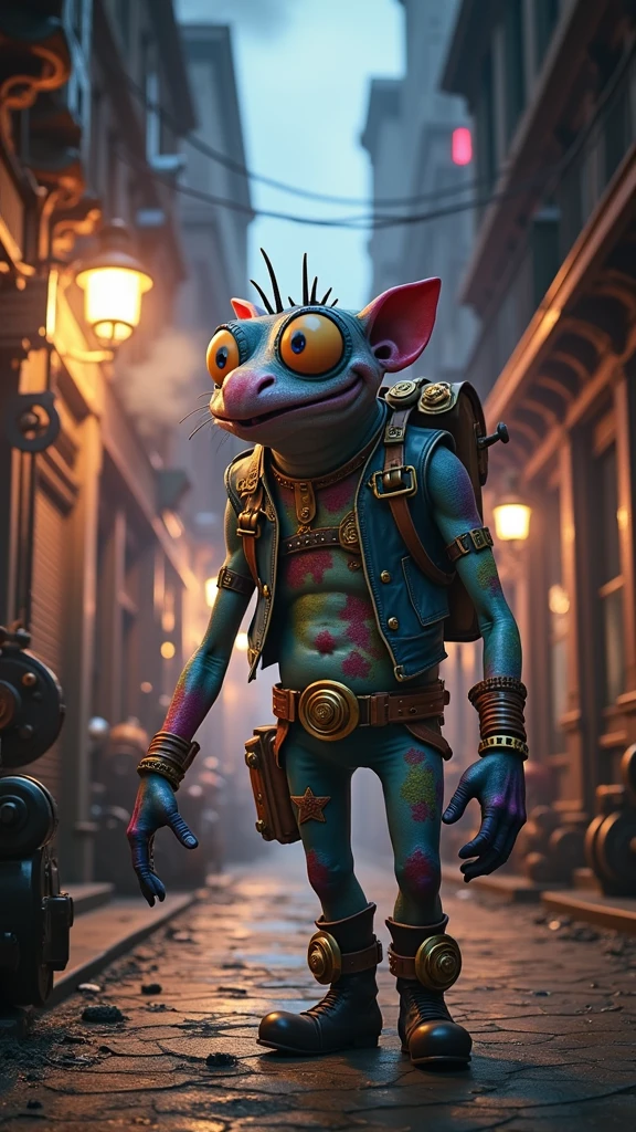 Fantz cartoon (creature:0.6)|(cat:0.5) design, ultra detailed, random colors, steampunk, and punk costume,