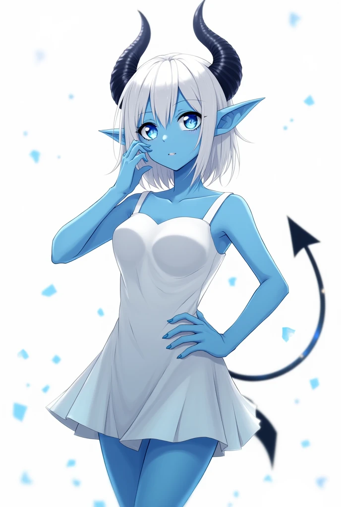 score_9, score_8_up, score_7_up,((best quality)), absurdnes, ((best quality)), CoquelinePXL, 1 femboy, feminine male, adult, 20 years old, black pupil, glowing blue iris, black sclera, blue skin, short white hair, pointy elf ears, black short demon horns, azure blue demon tail, short white dress, short skirt, sleeveless, bare shoulders, solid white background, solo, hand on hip, looking at viewer, big ass, no breast, flat chest, anime inspired art