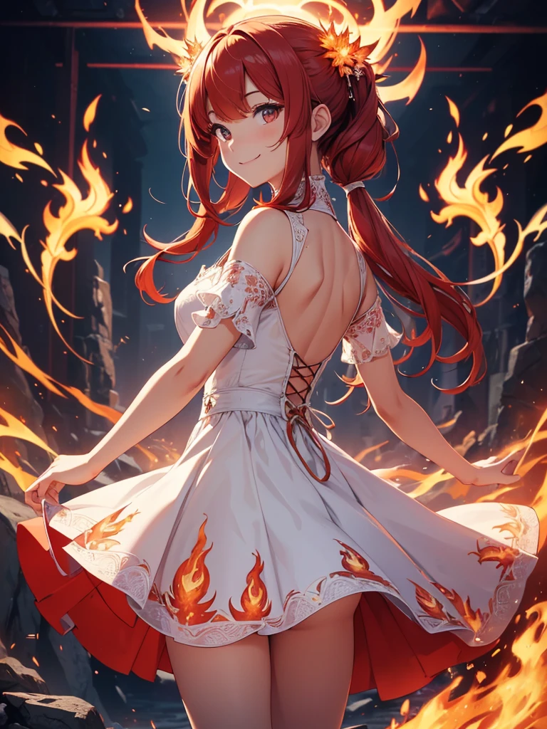 (((best quality, sharp image, clear image, cinematic lighting, 8k resolution, masterpiece, ultra detailed, intricate))) Girl, (((looking over left shoulder))), (shot from behind), ((shot from hip up)), fiery red hair, pigtails, ((white dress)), ((flaming sigils, flaming runes)), spiky rock formations, (flaming lotus flowers frame), (intricate background), ((Phoenix)), (swirling flames), smiling