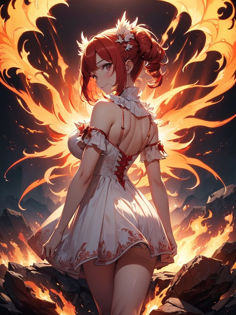 (((best quality, sharp image, clear image, cinematic lighting, 8k resolution, masterpiece, ultra detailed, intricate))) Girl, (((looking over left shoulder))), (shot from behind), ((shot from hip up)), fiery red hair, pigtails, ((white dress)), ((flaming sigils, flaming runes)), spiky rock formations, (flaming lotus flowers frame), (intricate background), ((Phoenix)), (swirling flames), smiling