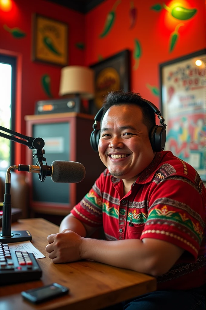 Generate a scene of a young, chubby Mexican announcer, He is working in a radio booth, The booth has a red jalapeño chili theme