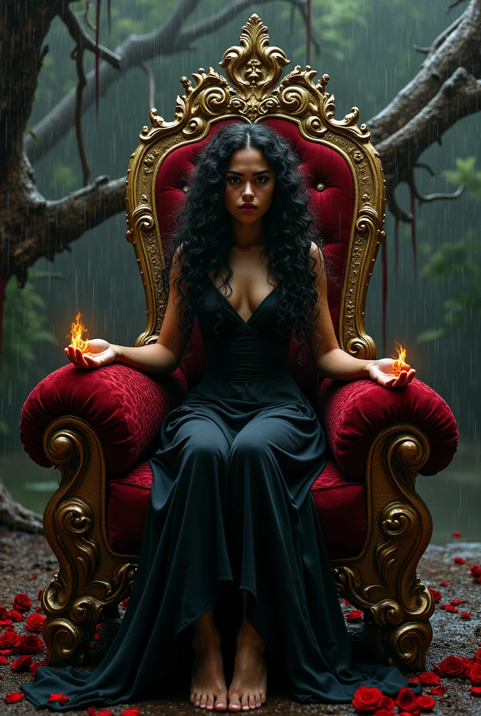 A young Brazilian woman with long hair down to her feet, Rapunzel style ,curly and black, IN A BLACK DRESS, barefoot, sitting on a golden throne with red roses,with a dead tree bleeding in the background, on a rainy night ,very dark night, a black haired asian man , in black pants and a black shirt standing next to her, with fire magic in his hands looking forward