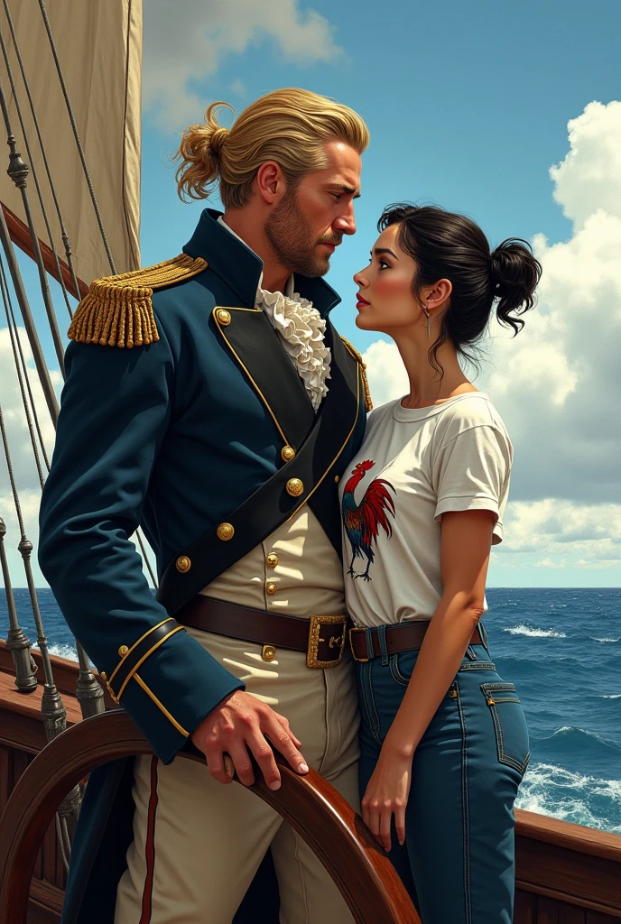 Draw in the hyperrealism genre. Jack Aubrey - Russell Crowe's appearance, A tall, strong captain in the military uniform of a 19th-century military captain, blond, her hair is tied in a ponytail, The hair curls at the ends, age 38 years, Clean-shaven. Aila is a short girl, Height 157 cm, short dark hair in a short haircut, grey eyes, Mole under the eye, thin lips. small breasts, wide hips, slim waist, Jack Aubrey's height. She is wearing a white T-shirt with a rooster design, Mom jeans, Modern sneakers. They stand with Jack at the helm., Jack Aubrey puts his arm around her waist. Draw in full face. She is looking into the distance. Draw her hands properly. Draw her eyes properly too. Don't draw them too pretty..