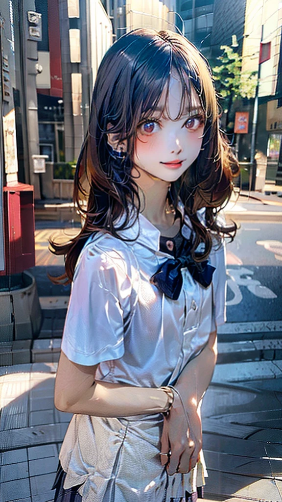 (masterpiece:1.2, top-quality), (realistic, photorealistic:1.4), beautiful illustration, (natural side lighting, movie lighting), nsfw,
beautiful detailed hair, beautiful detailed face, beautiful detailed eyes, beautiful clavicle, beautiful body, beautiful chest, beautiful thigh, beautiful legs, beautiful hands,
looking at viewer, 1 girl, japanese, high school girl, perfect face, cute and symmetrical face, shiny skin,
(long hair, straight hair, brown hair), forehead, gray eyes, slant eyes, big eyes, long eye lasher, (medium breasts), (small ass, thin thighs), slender, outstanding style,
(detailed cloth texture, short sleeve white collared shirt, navy school vest, navy pleated skirt, navy bow tie), earrings, necklace,
(beautiful scenery), summer, evening, (school), walking, (lovely smile, upper eyes, parted lips),