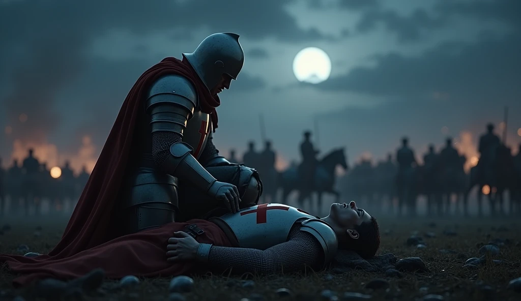 A highly realistic, high-contrast, 8K HD, detailed, hyper-detailed scene where the knight from the provided image, wearing steel armor with a red cross on his tunic, is kneeling beside a fallen comrade on the battlefield at night. The atmosphere is somber and heavy with the weight of loss, as the knight shows respect and sorrow for his fallen companion. The battlefield around them is dimly lit by the faint light of the moon and stars, with the chaotic aftermath of battle still visible in the background. The dramatic lighting highlights the detailed armor and the raw emotion of the moment, emphasizing the deep bond and sacrifice of these warriors. The image is of the highest quality, with ultra-high resolution, RAW photo quality, and Unreal Engine rendering, capturing the profound and solemn moment under the night sky.
