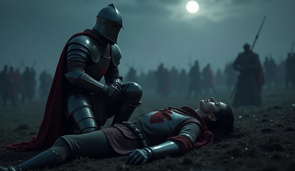 A highly realistic, high-contrast, 8K HD, detailed, hyper-detailed scene where the knight from the provided image, wearing steel armor with a red cross on his tunic, is kneeling beside a fallen comrade on the battlefield at night. The atmosphere is somber and heavy with the weight of loss, as the knight shows respect and sorrow for his fallen companion. The battlefield around them is dimly lit by the faint light of the moon and stars, with the chaotic aftermath of battle still visible in the background. The dramatic lighting highlights the detailed armor and the raw emotion of the moment, emphasizing the deep bond and sacrifice of these warriors. The image is of the highest quality, with ultra-high resolution, RAW photo quality, and Unreal Engine rendering, capturing the profound and solemn moment under the night sky.
