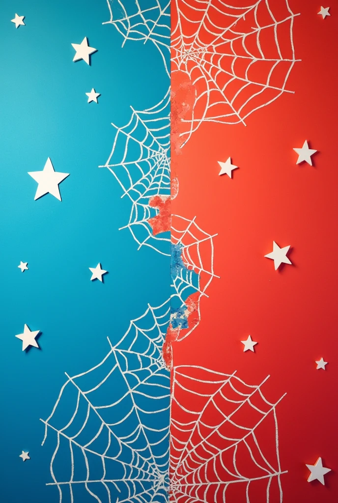 Make a wallpaper that has a blue background with white five-pointed stars and a red background with cobwebs, I want it in cartoon style