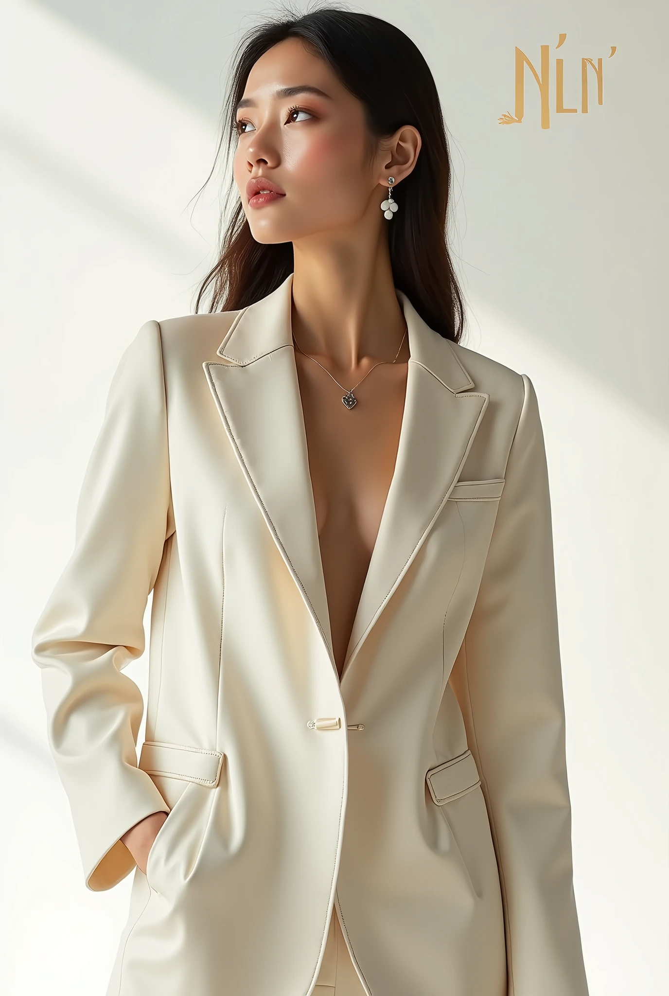 Create a fashion poster featuring a women's blazer as the main product, with the brand name 'N'Lin' prominently displayed in the image. The poster should exude elegance and sophistication, appealing to young women with a refined and trendy sense of style. Use a minimalist design with a clean background, focusing on the blazer's details and quality. The typography should be sleek and modern, and the placement of 'N'Lin' should be tasteful yet noticeable, reinforcing the brand's identity within the high-fashion market.