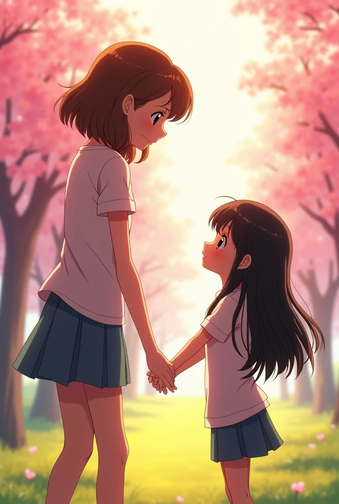 Sisters who love each other, Her older sister is tall with short, wavy, brown hair, and her younger sister is short with long, straight, black hair in an anime style.