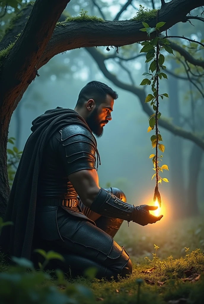A muscular hero in dark armor kneels and reaches out towards the glowing amulet. The hero's face and outstretched hand are illuminated by the amulet's soft, warm light, creating a light spot of approximately 20 cm around him. The background is the large tree with the amulet hanging from it. The forest remains shrouded in the same ethereal mist, and the lighting on the hero is focused and gentle, with shadows softly blending into the background.