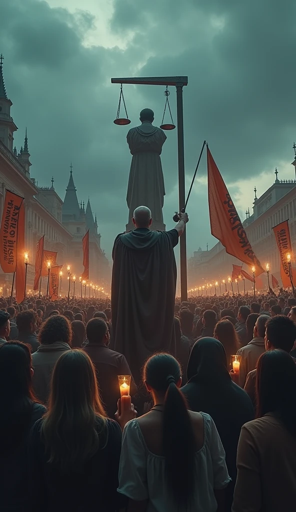 "Create a dramatic and thought-provoking image showing a public demonstration of justice, with a focus on the severe consequences for perpetrators of rape. The scene should portray a strong, symbolic representation of the death penalty being enforced, while emphasizing the broader message of accountability and deterrence for such crimes. Ensure the image conveys the gravity of the situation without being overly graphic, and consider including elements of public reaction and advocacy for victims' rights."