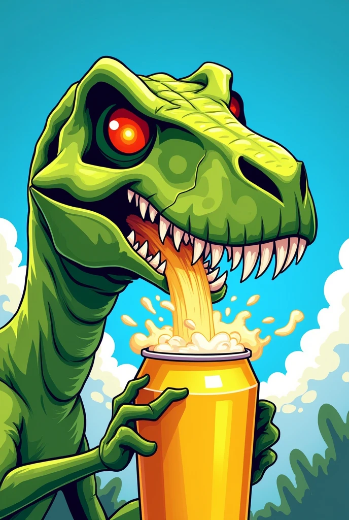 green t-rex skull, eating a can of yellow beer, foam and splashes of beer flowing from the can, small sign of smoke coming out of the nostrils, angry eyes and frowning eyebrows apparence cartoon, avec des eux de couleur rouge orange et pupille noir, fond bleu avec nuage blanc,