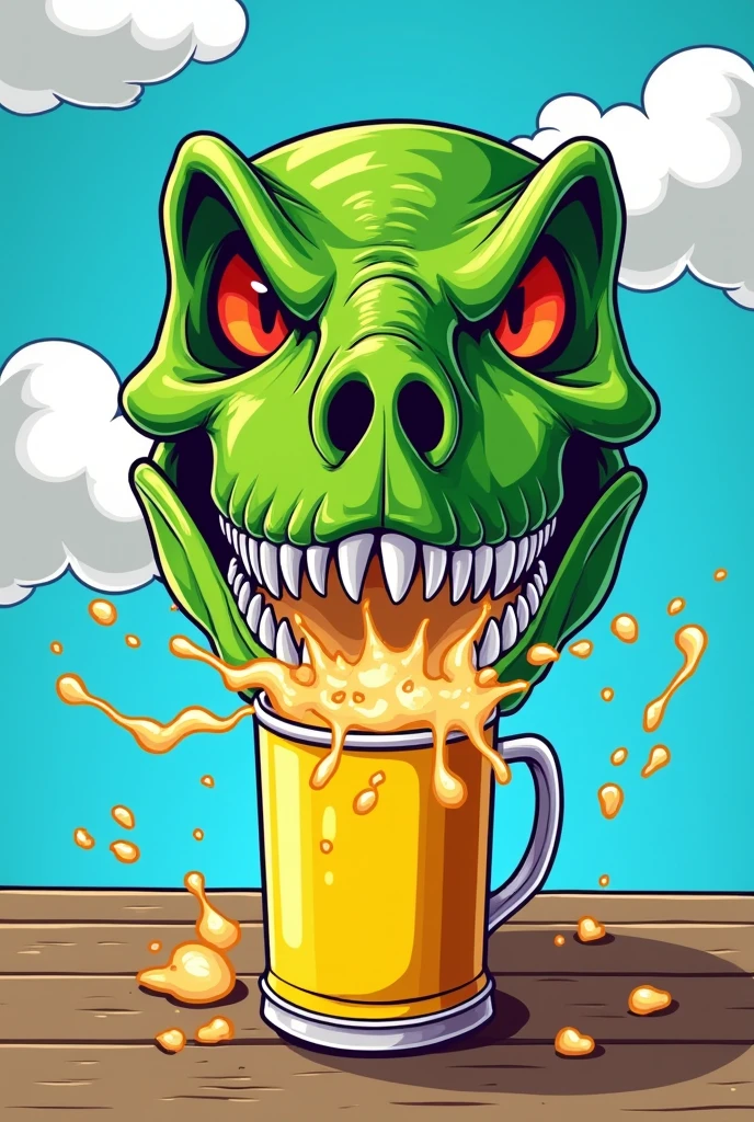 green t-rex skull, eating a can of yellow beer, foam and splashes of beer flowing from the can, small sign of smoke coming out of the nostrils, angry eyes and frowning eyebrows apparence cartoon, avec des eux de couleur rouge orange et pupille noir, fond bleu avec nuage blanc,