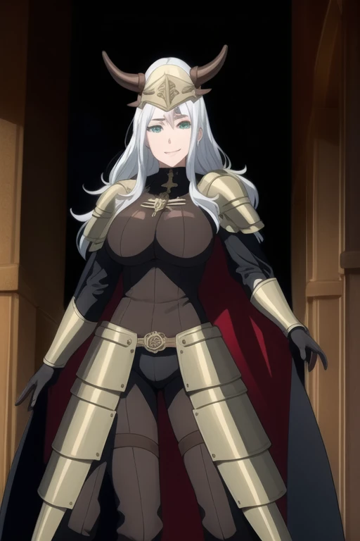 (high quality:1.2), intricate detailed, colorful,
VanessaCromwell, 1girl, mature female, solo, cowboy shot,
looking at viewer, determined,
white hair, long hair, green eyes, smile 
armor, breastplate, shoulder armor, sexy pose, bodysuit, horned helmet, gloves, cape, cloak, (cape covering her body 1.2)
large breasts, 
Room, standing 
 