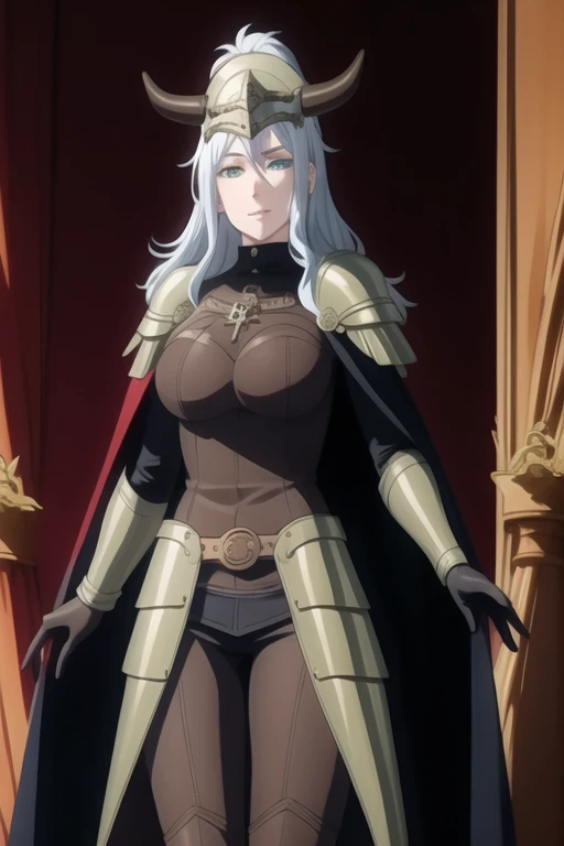 (high quality:1.2), intricate detailed, colorful,
VanessaCromwell, 1girl, mature female, solo, cowboy shot,
looking at viewer, determined,
white hair, long hair, green eyes, smile 
armor, breastplate, shoulder armor, sexy pose, bodysuit, horned helmet, gloves, cape, cloak, (cape covering her body 1.2)
large breasts, 
Room, standing 
 