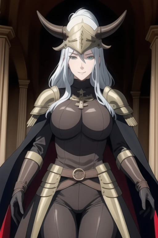 (high quality:1.2), intricate detailed, colorful,
VanessaCromwell, 1girl, mature female, solo, cowboy shot,
looking at viewer, determined,
white hair, long hair, green eyes, smile 
armor, breastplate, shoulder armor, sexy pose, bodysuit, horned helmet, gloves, cape, cloak, (cape covering her body 1.2)
large breasts, 
Room, standing 
 