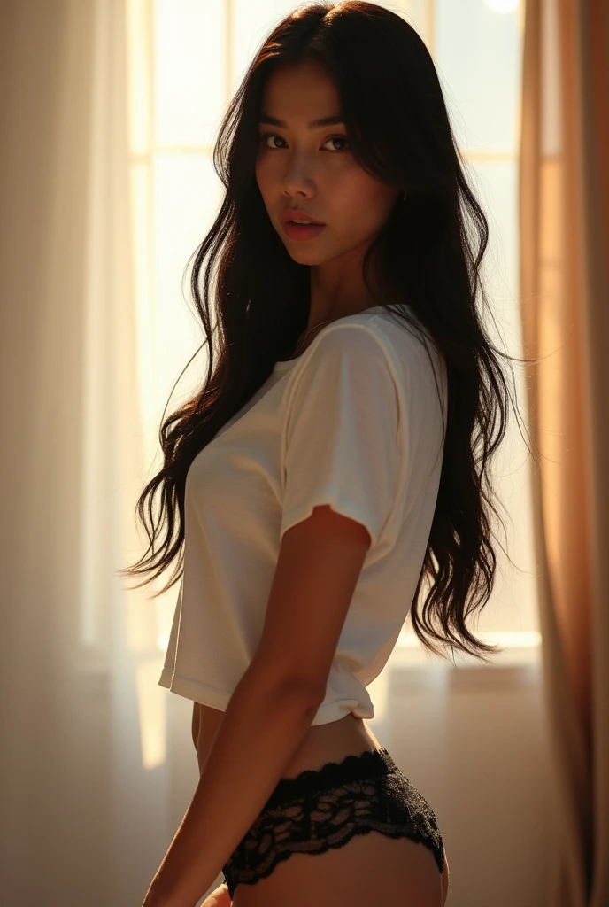 A European girl , t-shirt longa , lace trim panties ,独奏, longye hair, Bblack hair, hypdertailed, lateral view, ass pov, motion lines, Lens flare, Masterpiece artwork, Decoration art, precise, backlighting,