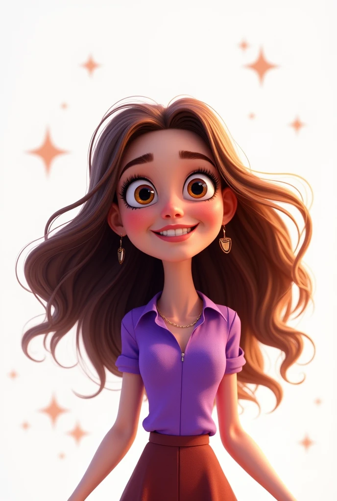 Create a 3D Movie Poster Inspired by Disney Pixar, The scene should be in Pixar's signature digital art style, with a caricature image representing a young woman, with long brown hair, with a purple blouse and white background.