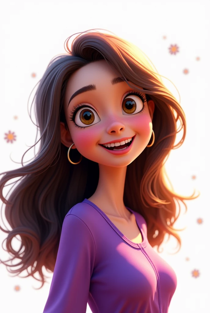 Create a 3D Movie Poster Inspired by Disney Pixar, The scene should be in Pixar's signature digital art style, with a caricature image representing a young woman, with long brown hair, with a purple blouse and white background.