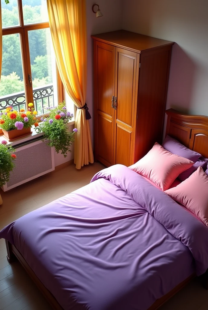 From an aerial view, the spacious bedroom features a wooden bed dressed in a purple bedsheet with pink pillow covers. Nearby, a wardrobe is neatly positioned. An open window, adorned with sheer yellow curtains, leads to a balcony where colorful flowers adorn the railings, adding a touch of vibrant charm to the room.