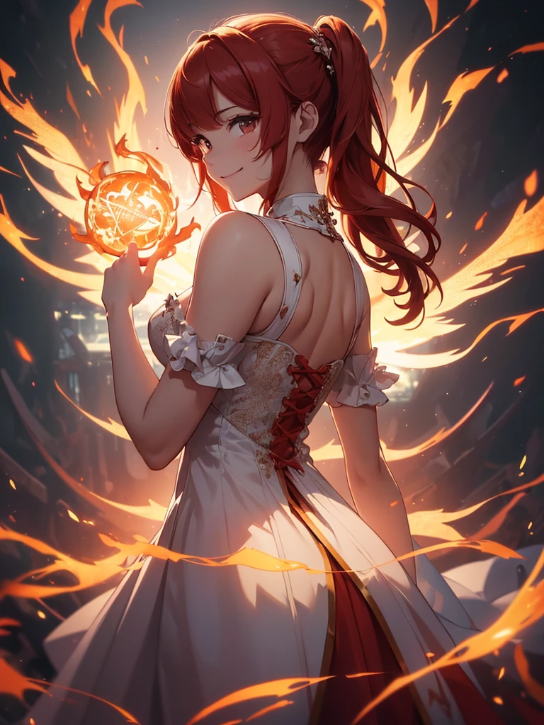 (((best quality, sharp image, clear image, cinematic lighting, 8k resolution, masterpiece, ultra detailed, intricate))) Girl, (((looking over left shoulder))), (shot from behind), ((shot from hip up)), fiery red hair, pigtails, ((white dress)), ((flaming sigils, flaming runes)), spiky rock formations, (flaming lotus flowers frame), (intricate background), ((Phoenix)), (swirling flames), smiling