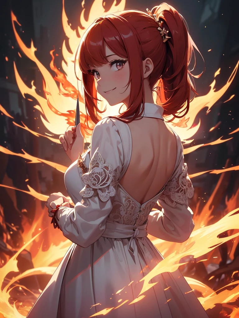 (((best quality, sharp image, clear image, cinematic lighting, 8k resolution, masterpiece, ultra detailed, intricate))) Girl, (((looking over left shoulder))), (shot from behind), ((shot from hip up)), fiery red hair, pigtails, ((white dress)), ((flaming sigils, flaming runes)), spiky rock formations, (flaming lotus flowers frame), (intricate background), ((Phoenix)), (swirling flames), smiling