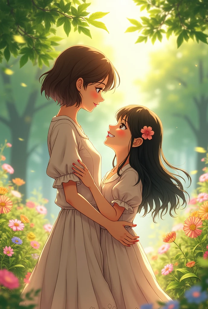 Sisters who love each other, Tall older sister with short wavy brown hair and her short sister with long straight black anime-style hair