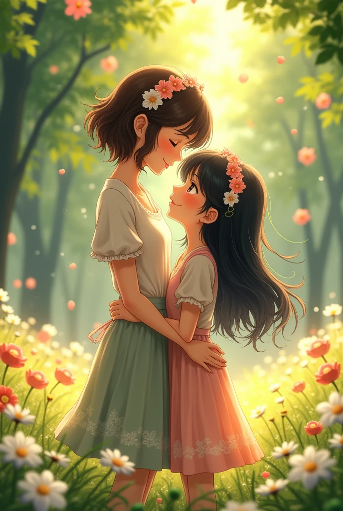 Sisters who love each other, Tall older sister with short wavy brown hair and her short sister with long straight black anime-style hair