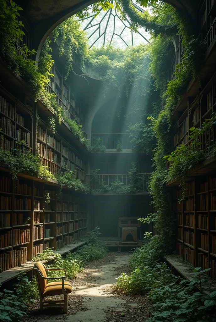 inside of a two storey high ancient abandoned library, post apocalyptic picture, the nature started to conquer back its territory, gloomy atmosphere