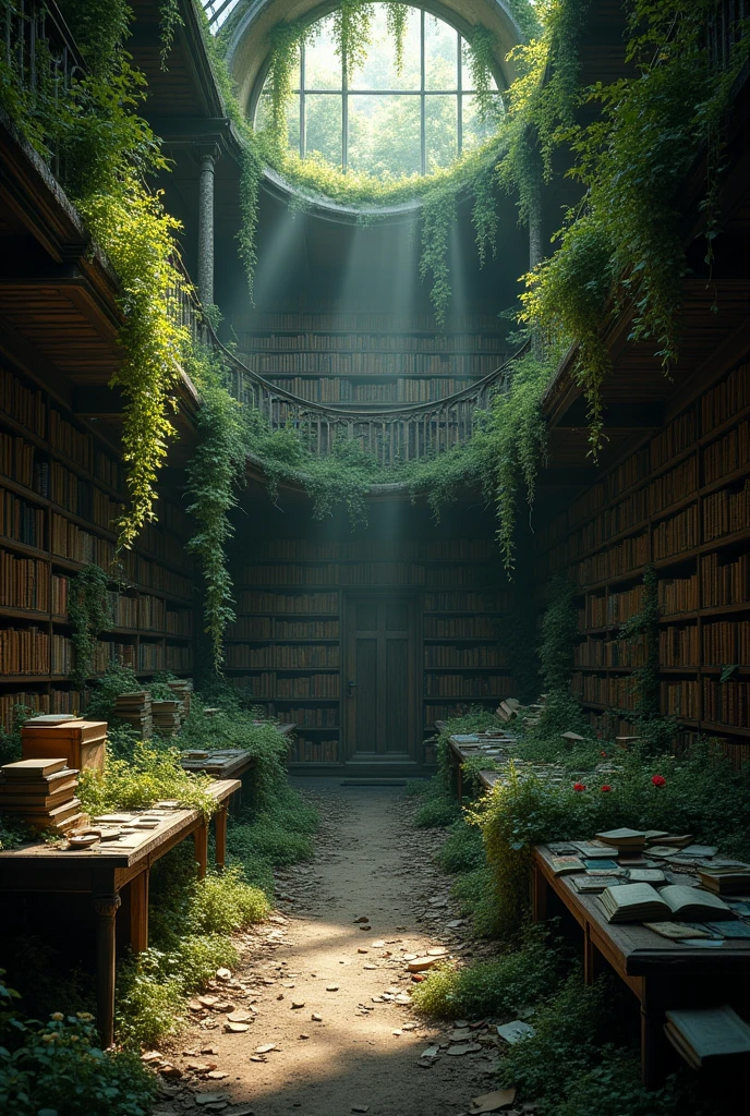 inside of a two storey high ancient abandoned library, post apocalyptic picture, the nature started to conquer back its territory, gloomy atmosphere