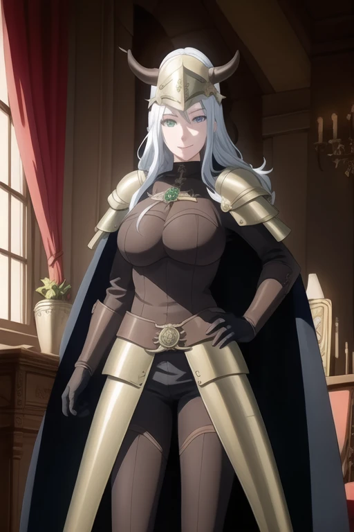 (high quality:1.2), intricate detailed, colorful,
VanessaCromwell, 1girl, mature female, solo, cowboy shot,
looking at viewer, determined,
white hair, long hair, green eyes, smile 
armor, breastplate, shoulder armor, bodysuit, horned helmet, gloves, cape, cloak, (cape covering her body 1.2)
large breasts, 
Room, standing 
 