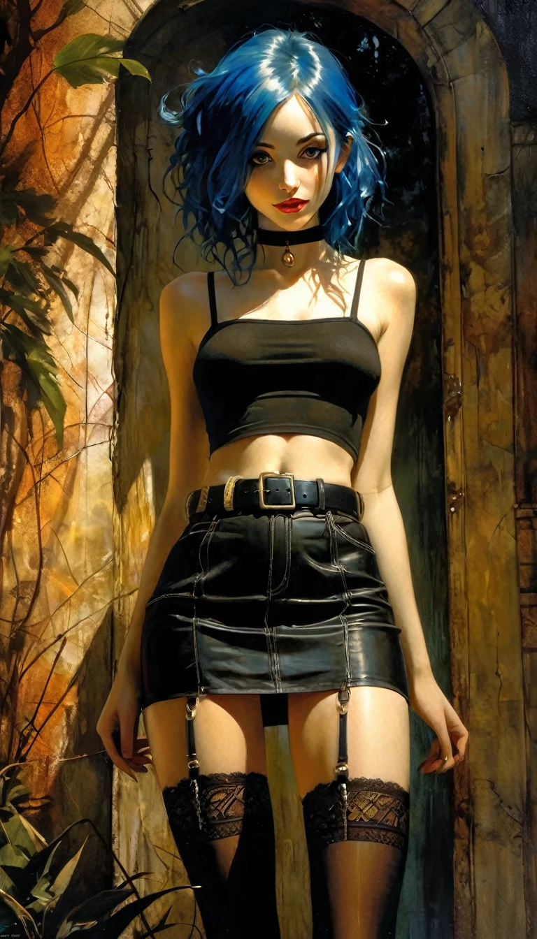 a girl in a sexy outfit with long blue hair, standing next to a big abandoned house in the middle of a forest, 1 girl, alone, navel, looking at viewer, miniskirt, belt, stockings, smile, breasts, choker, thighs, bare shoulders, crop top, tight and plain white t-shirt, eroticism, sexy image, black and white, between shadows, oil painting, chiaroscuro, sensual lighting and dramatic and moody atmosphere, photorealistic, intricate details, masterpiece , ultra detailed, high quality, 8k, best quality, realistic, cinematic, dark and melancholic, expressionistic, powerful composition, emotional impact, { {{,{pussy,spread her Pussy,cum,cum on Pussy ,masterbation,straddling,} ,{{{back,doggystyle,penis,1boy}}} art inspired by Bill. Sienkiewicz and Dave McKean, (best quality, 4k, 8k, high resolution, masterpiece: 1.2), ultra detailed (realistic, photorealistic, photorealistic: 1.37), intricate details, vivid colors, sharp focus, professional, artwork by Dave McKean, surreal oil touch, oil painting style, portrait, woman, beautiful detailed eyes, beautiful detailed lips, dreamlike atmosphere, shadow play, soft lighting, fun pose, dark tones, ethereal background, fantasy elements, texture , layered composition.