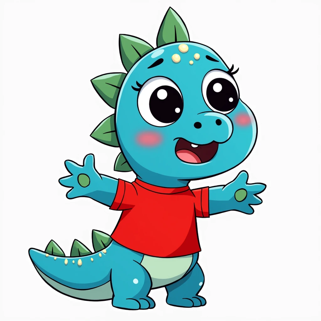 An illustration for children of a dinosaur, with the appearance of an , Way sadness crying, with tears in the eyes eyelashes, with red shirt, trouserless, blue skin, green dinosaur crests on the head and tail, cute cartoon smile,  full body, with an appearance of tenderness, White background
