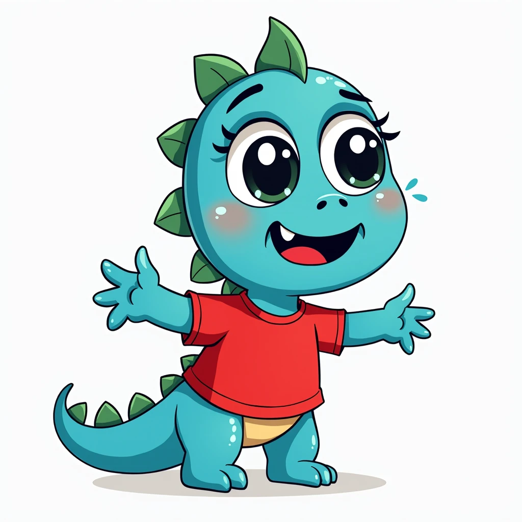 An illustration for children of a dinosaur, with the appearance of an , Way sadness crying, with tears in the eyes eyelashes, with red shirt, trouserless, blue skin, green dinosaur crests on the head and tail, cute cartoon smile,  full body, with an appearance of tenderness, White background
