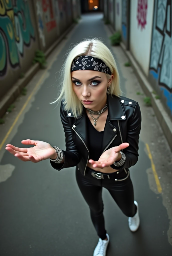 russian milf woman, platinum blonde hair with black parsley bandana headband, with very light blue eyes, extremely pale, heavy eye shadows. Sad face, smeared make up, runny mascara. Wearing black moto jacket, cropped metal band t-shirt, leather skinny jeans and wiite tennis sneakers . Lots of metallic braceles and collars. Tacky leather belt with oversized buckle. Shows the palms of her hands
