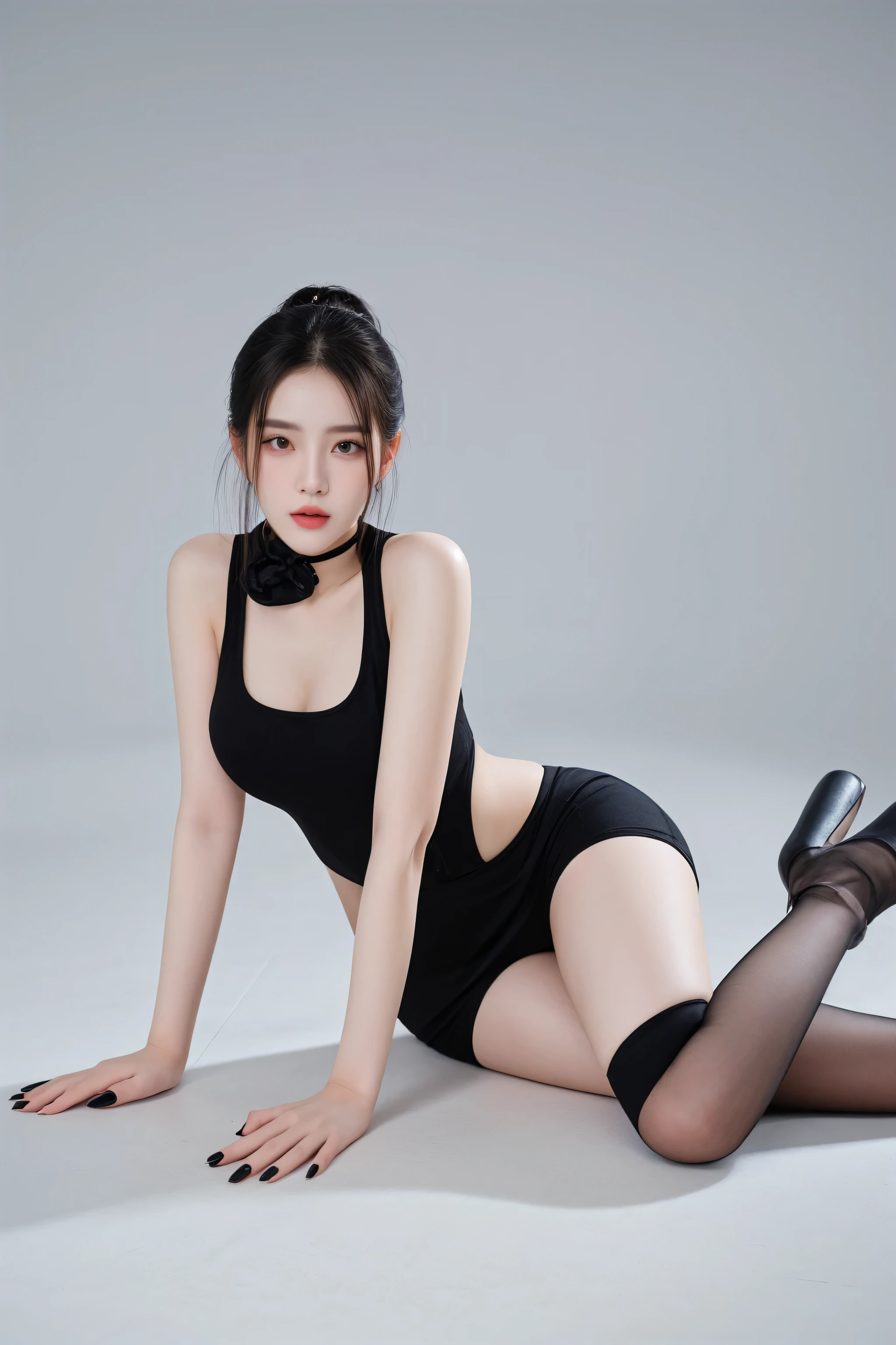araffe woman in black dress and stockings laying on the floor, pretty face with arms and legs, gorgeous chinese model, full body xianxia, sexy pose, wearing a black bodysuit, attractive pose, gorgeous young korean woman, photo of slim girl model, sexy look, model with attractive body, very sexy pose, trending at cgstation, beautiful south korean woman