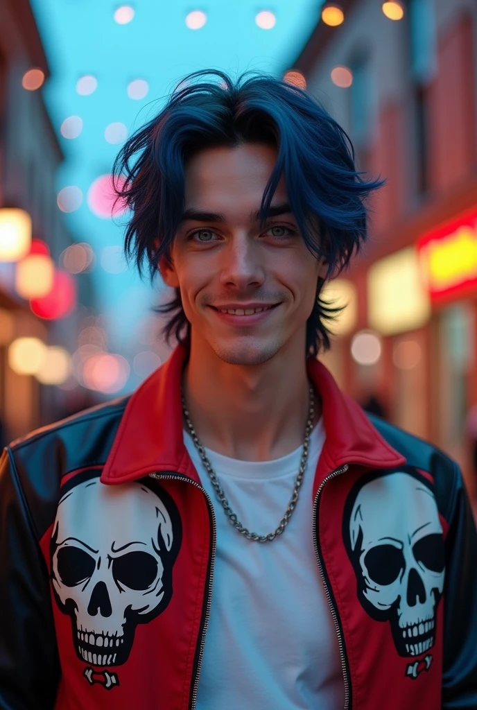 A cheerful, handsome Cadadian guy, about 24 years old with dark blue, slightly long hair tied in a low ponytail and blue eyes. He's wearing a light red and black jacket with skulls, over a white shirt. He has bangs. 