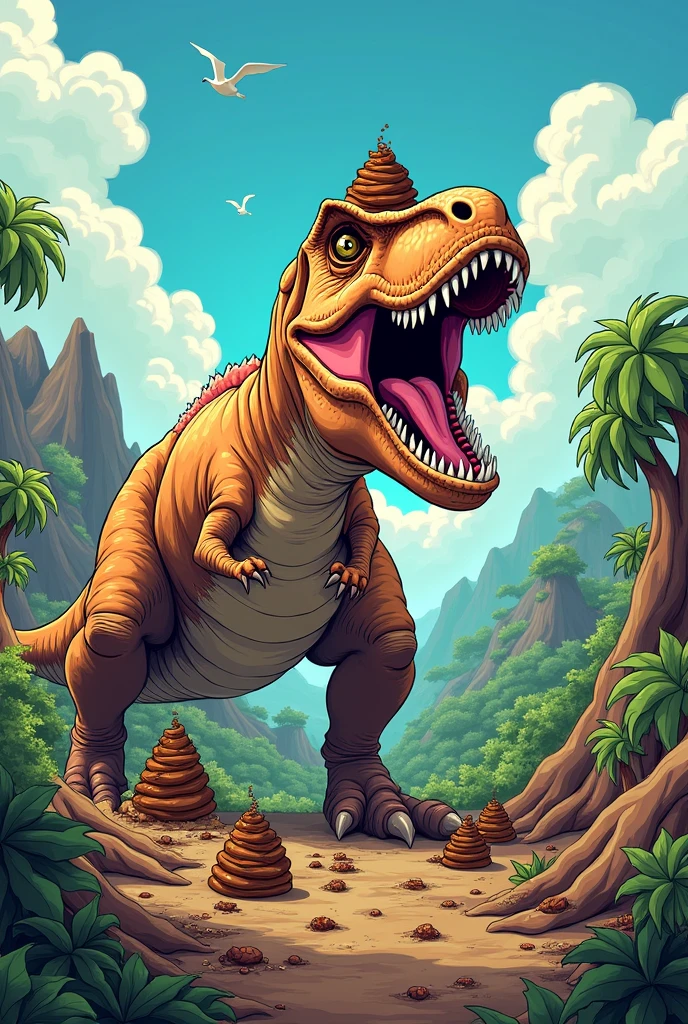 Dinosaur shitting angrily with shit on its head