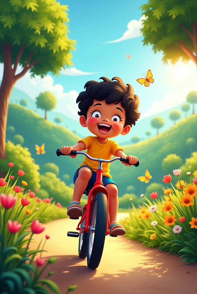 with black hair, white skin color, Brazilian,child, happy riding a bike