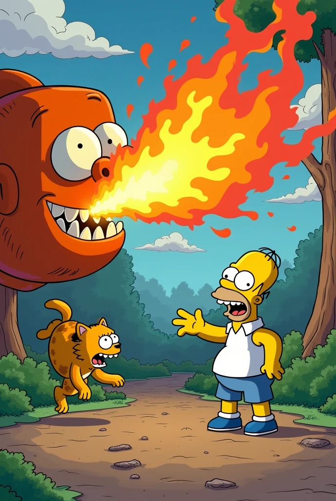 A square fish spitting fire from its mouth while Homer Simpson laughs at a falling cat. 