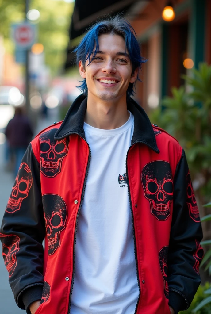A cheerful, handsome Cadadian guy, about 24 years old with dark blue, slightly long hair tied in a low ponytail and blue eyes. He's wearing a light red and black jacket with skulls, over a white shirt. He has bangs.