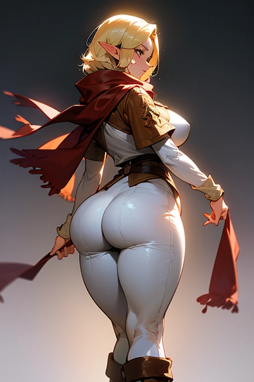 Solo elf girl, big fat juicy ass, widest hips, slim waist, thick supple thighs, blonde hair, back shot, elven ranger clothes, looking back over her shoulders, tight white trousers, dynamic lighting, brown leather boots, long scarf,