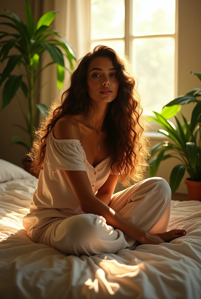 (photorealism:1.2), beautiful woman, sitting on bed, wearing loose off-shoulder top, pajama pants, long curly hair, indoors, soft lighting, plants in background, window with sunlight, cozy room, relaxed pose, realistic, intricate details, warm colors, by Greg Rutkowski, by Alphonse Mucha