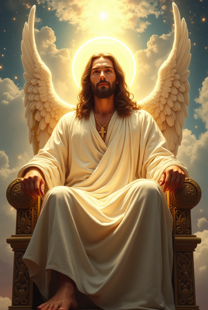 Jesus' face is lit up and he sits on a throne in heaven.