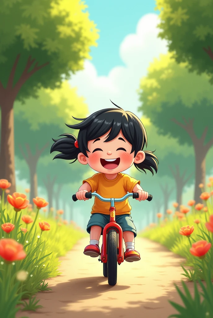  with black hair, white skin color,child, happy riding a bike 