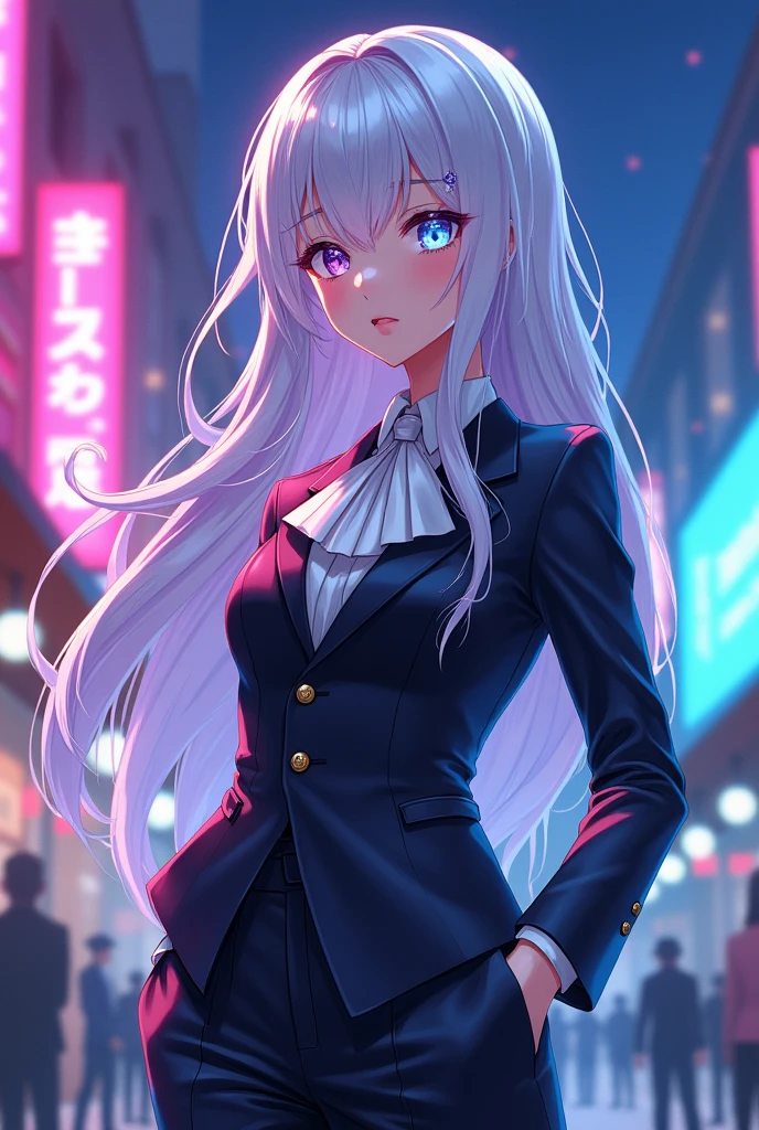 Adult Anime styled girl with diamond hair, white hair, and iridescent eyes, wearing a suit like outfit over a vest with a jabot