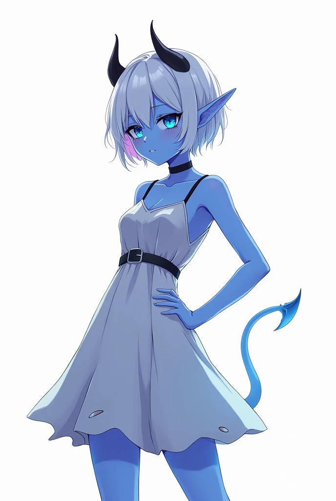 score_9, score_8_up, score_7_up,((best quality)), absurdnes, ((best quality)), CoquelinePXL, 1 femboy, feminine male, adult, 20 years old, black pupil, glowing blue iris, black sclera, blue skin, short white hair, pointy elf ears, black short demon horns, azure blue demon tail, short white dress, short skirt, sleeveless, empire waist dress, solid white background, solo, hand on hip, looking at viewer, big ass, no breast, flat chest, anime inspired art