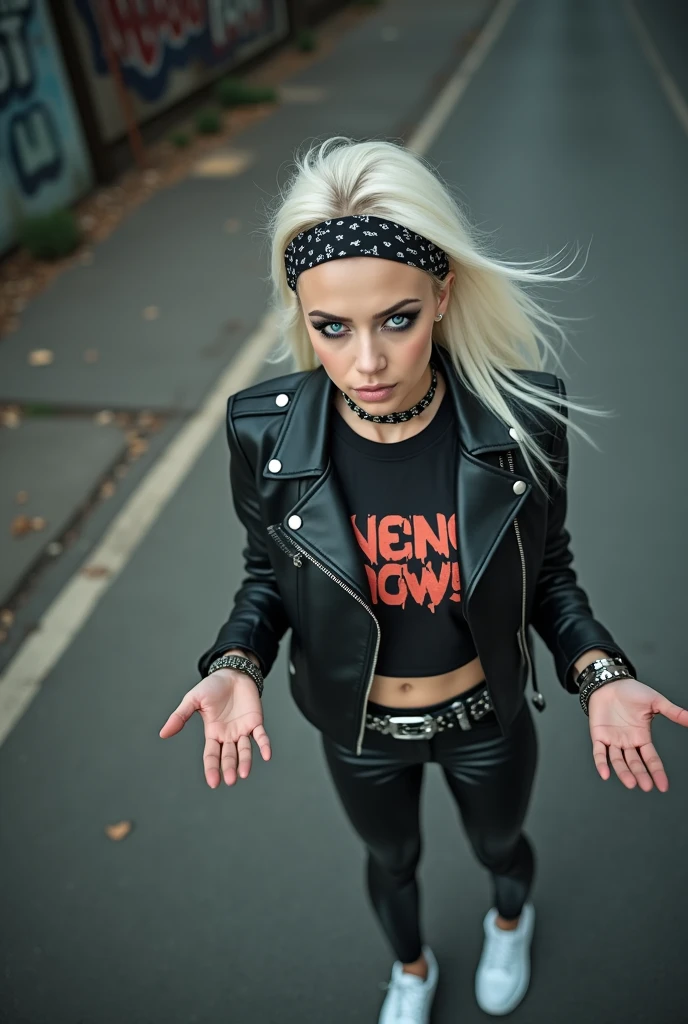 russian milf woman, platinum blonde hair with black parsley bandana headband, with very light blue eyes, extremely pale, heavy eye shadows. Sad face, smeared make up, runny mascara. Wearing black moto jacket, cropped metal band t-shirt, leather skinny jeans and wiite tennis sneakers . Lots of metallic braceles and collars. Tacky leather belt with oversized buckle. Hands up. Shows the palms of her hands