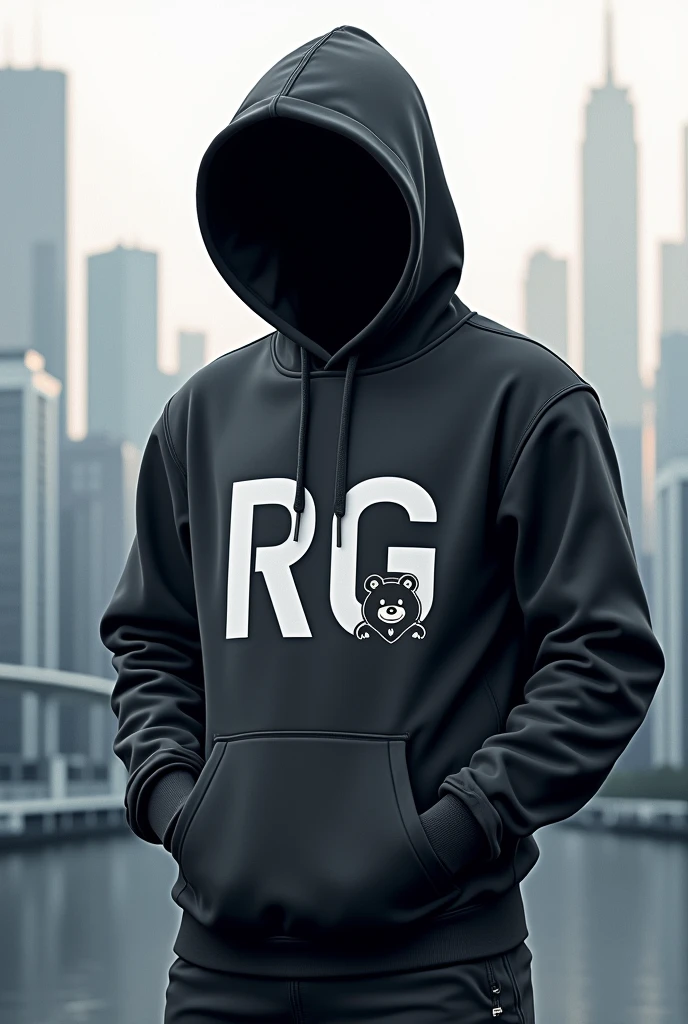 Hoodie design with the name RG icon in black and a small bear image
